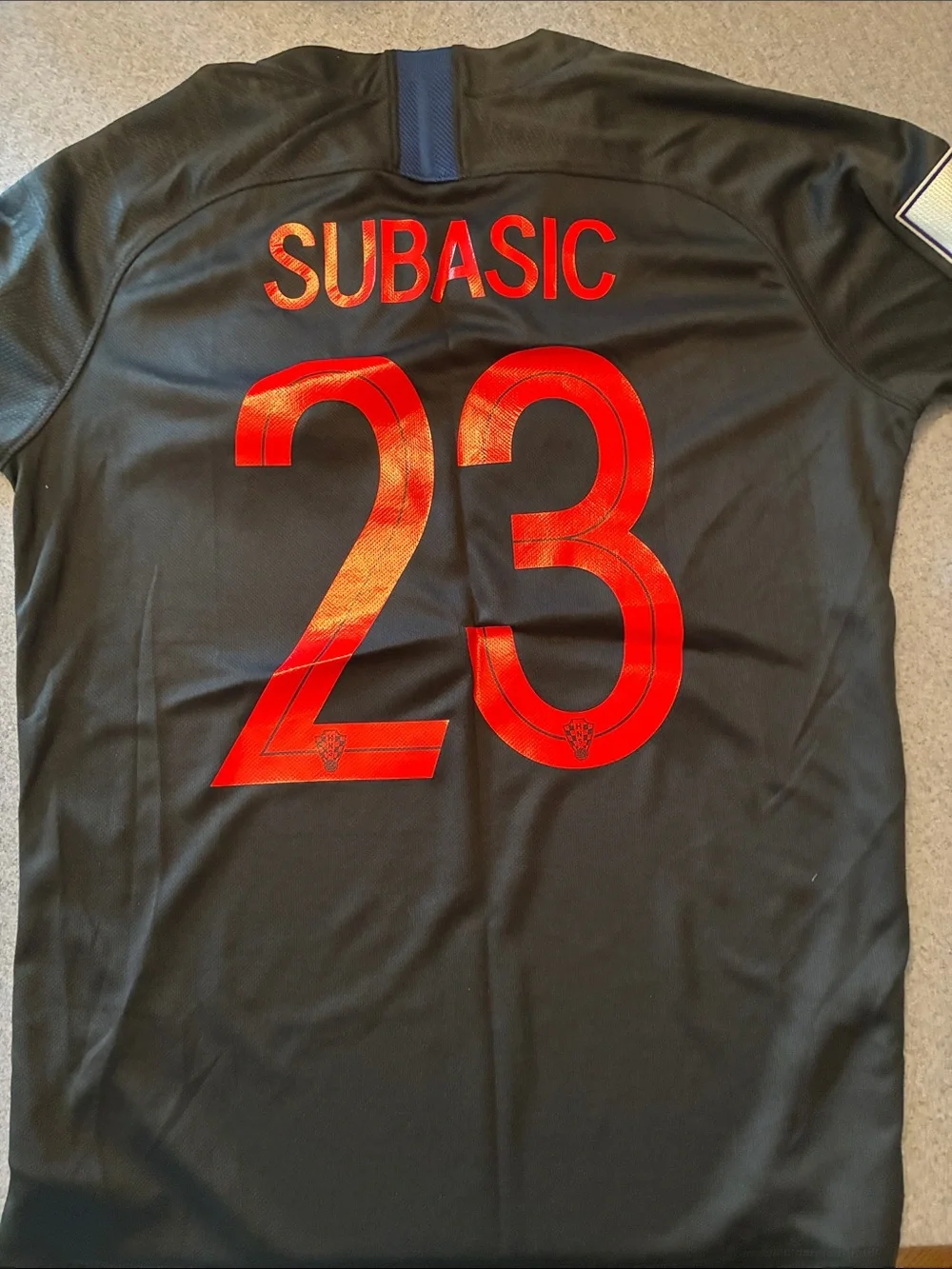 Nike Black and Navy Croatia Soccer Jersey with Red Accents